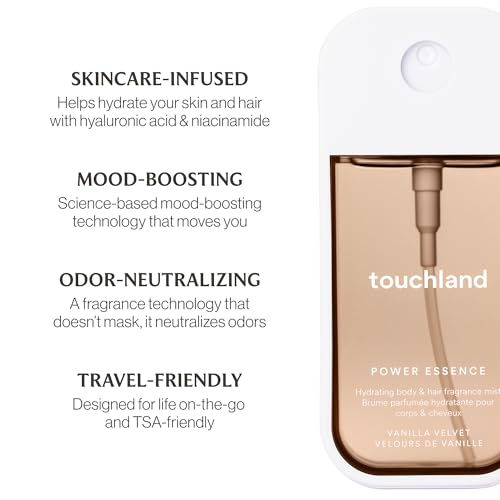 Touchland VANILLA INDULGENCE Body and Hand Essentials (Vanilla Velvet Body & Hair Fragrance Mist, 2 FL. OZ. + Vanilla Blossom Hydrating Hand Sanitizer Spray 1FL.OZ.), Travel Size Set
