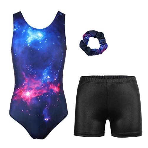 MODAFANS Leotards for Girls Gymnastics with Shorts Ballet Dance Set Athletic Leotards with Hair Scrunchie Shiny Cosmic,4-5Years