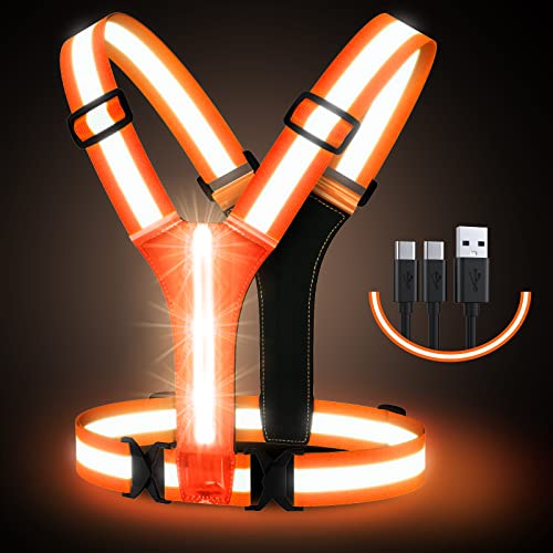 Simket Led Light Up Running Vest Reflective Vest for Walking at Night, High Visibility Night Running Gear Rechargeable Adjustable Running Lights for Runners Walkers Men Women