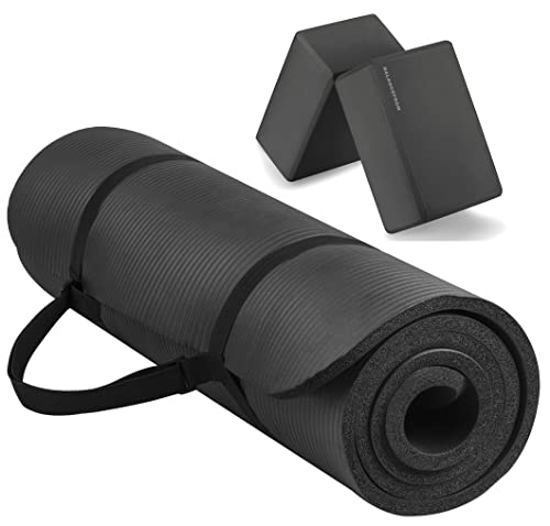 Signature Fitness All Purpose 1/2-Inch Extra Thick High Density Anti-Tear Exercise Yoga Mat with Carrying Strap, Black