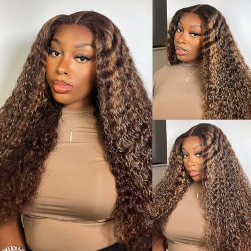 Wear and Go Glueless 5x5 HD Lace Closure Wigs Human Hair Deep Wave Wig Human Hair Pre Plucked Pre Cut P4/27 Honey Blonde Ombre Highlight Wig Human Hair 180% Density 20 Inch