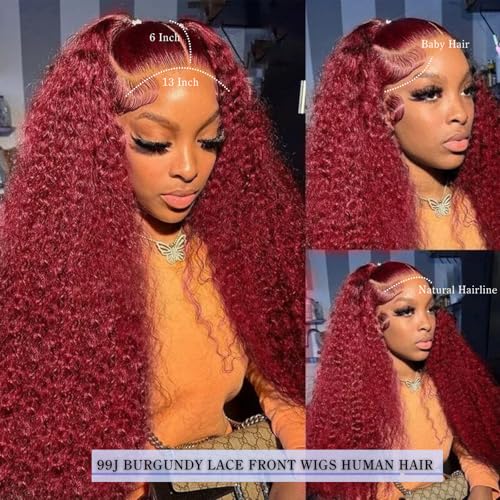 Estilar 30 Inch 99j Burgundy Lace Front Wigs Human Hair 13x6 Deep Wave HD Lace Front Wigs Pre Plucked with Baby Hair 200 Density Glueless Wet and Wavy Red Wine Colored Wigs Human Hair for Women
