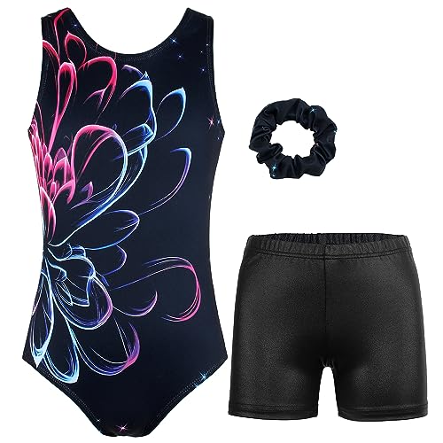 MODAFANS Leotards for Girls Gymnastics with Shorts Ballet Dance Athletic Leotards with Hair Scrunchie Black Flower,4-5Years