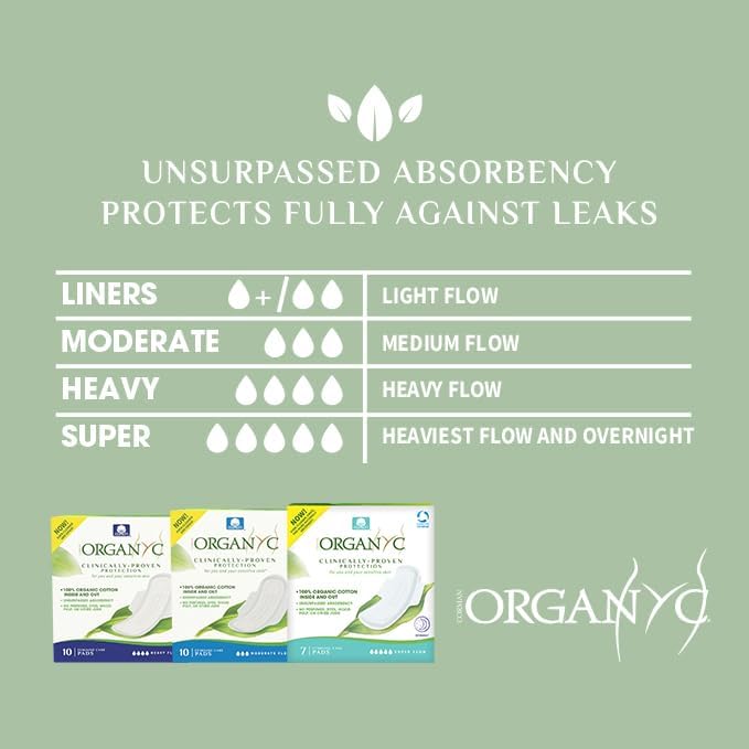 Organyc - 100% Certified Organic Cotton Feminine Pads, Sanitary Napkin 120 Count, Heavy Flow(Bulk Size, 12 Pack)