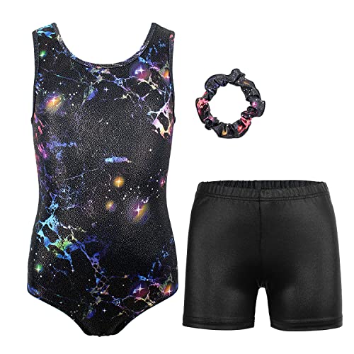MODAFANS Leotards for Girls Gymnastics with Shorts Ballet Dance Set Activewear with Hair Scrunchie Marble Colorful,4-5Years