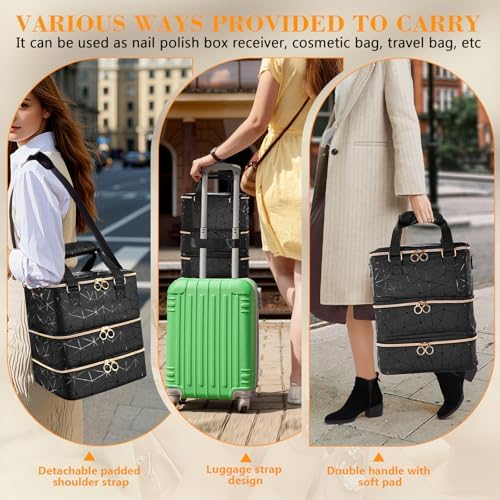 Nail Polish Organizer Case Holds 84 Bottles(15ml/0.5 Liquid Ounces) & Nail Lamp,3 Layers PU Leather Nail Supplies Storage Organizer Bag,Large Shoulder Strap Nail Polish Holder Travel Carrying Case.