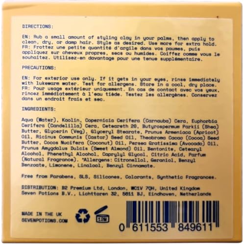 SEVEN POTIONS Hair Clay For Men and Women 3.4 fl oz - High Hold Matte Pomade - Effortless Hair Styling Product That Leaves No Residue - Water Based - Natural, Vegan, Cruelty Free
