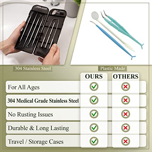 6 Pack Dental Tools Teeth Cleaning Kit, Plaque Tartar Remover for Teeth and Oral Care for Adults, Kids and Pets, Includes Tongue Scraper, Mirror, Probe, 100% Stainless Steel Dental Kit with Case