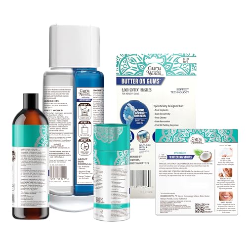 GuruNanda Total Smile Makeover Kit Regular with Cocomint Oil Pulling, Dual Barrel Whitening Mouthwash, Whitening Strips & Butter on Gums Toothbrushes