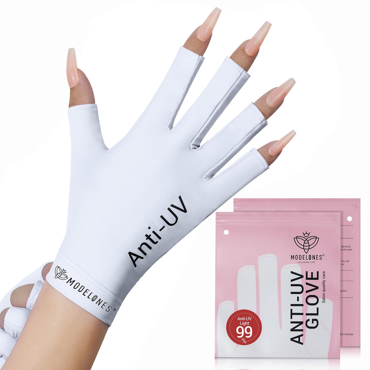 Modelones Premium UPF99+ UV Protection Fingerless Gloves for Gel Manicures, UV/LED Gel Nail Lamp, Nail Art Skin Care, Hand Protection (White)