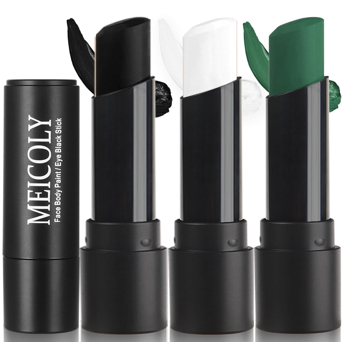 MEICOLY Tri-Color Black White Green Face Body Paint Stick,Waterproof Sweatproof Eye Black Stick for Baseball/Softball/Football,Body Paint for Halloween SFX Monster Cosplay Makeup