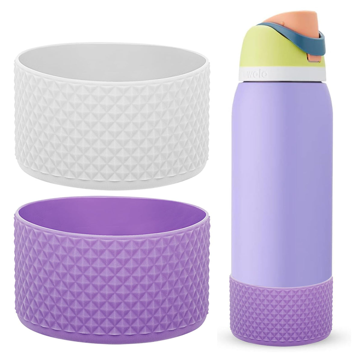 WK IEASON 2Pcs Silicone Water Bottle Boot for Owala 24oz 32oz 40oz, Protective Flask Bottom Cover Base for Owala FreeSip Twist and Flip Flask Bottles (Diomond White/purple, 24OZ)