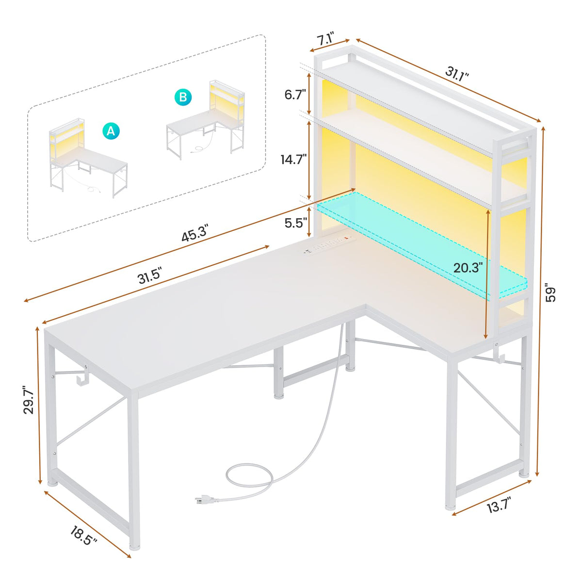 SEDETA White Corner Desk, Reversible 45.3” Small Computer Desk with Power Outlet and LED Lights, Corner Computer Desk with Hutch, Storage Shelves and Hooks for Small Space