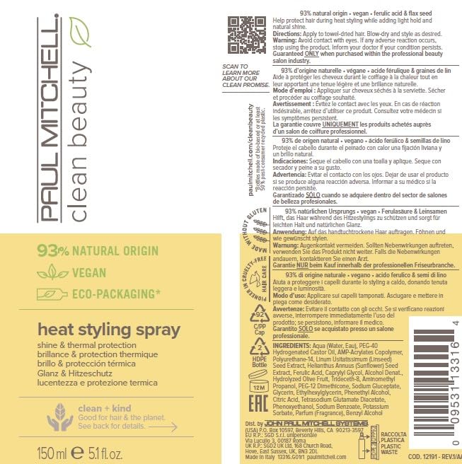 Paul Mitchell Clean Beauty Heat Styling Spray, Shine & Thermal Protection, For All Hair Types That Heat Style, 5.1 fl. oz.