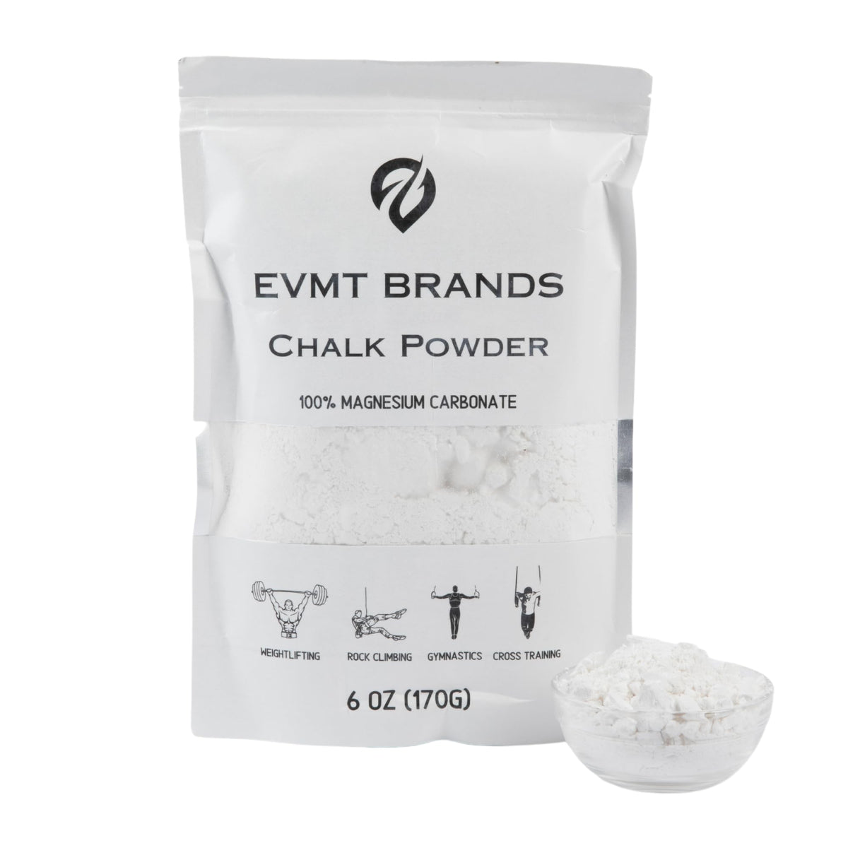 EVMT Brands Loose Gym Chalk - 6 Oz. Mess-Free Powder Gym Chalk for Weightlifting, Gymnastics, Rock Climbing, Dancing. Sweat-Resistant for Stronger Grip and Healthier Skin. Package May Vary.