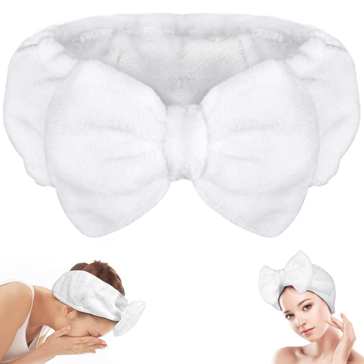 Shintop Skincare Headband, Soft Spa Headband Makeup Headwear with Cute Bow Elastic Hairband for Washing Face Facial Mask Showers(White)