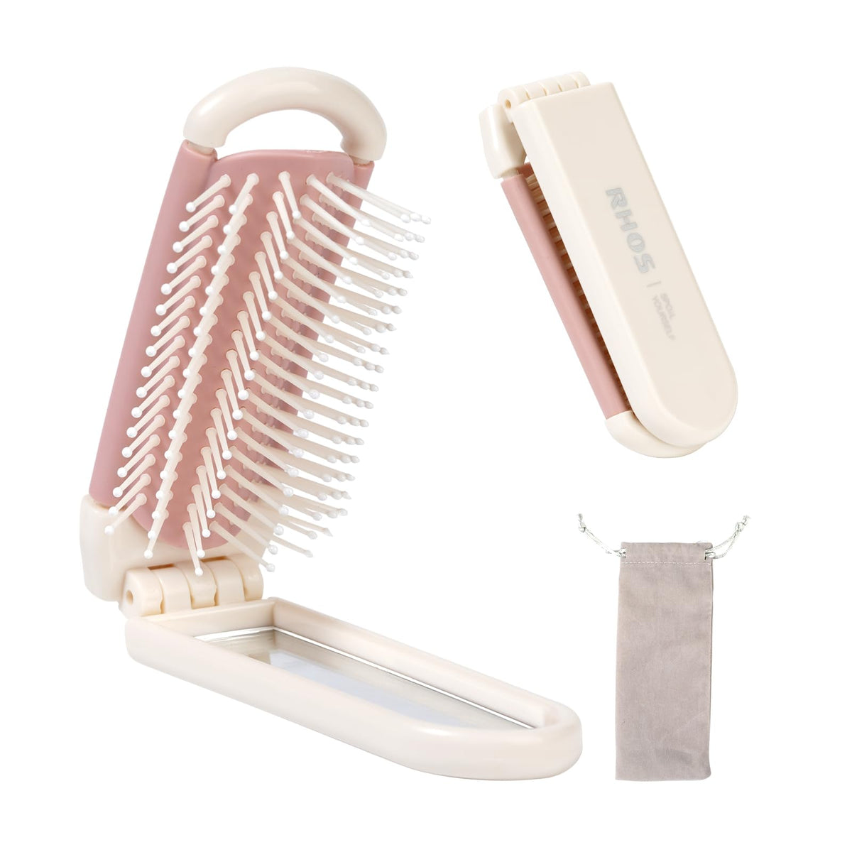 RHOS Folding Brush with Mirror for Women, Girls - Mini Hair Brush for Purse, Small Pocket Brush with Soft Nylon Bristles and Mirror for Travel (Beige)