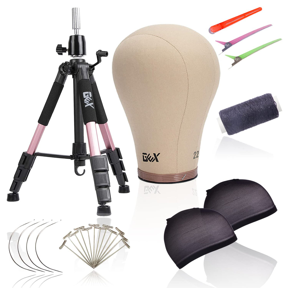 GEX 21" Canvas Cork Wig Head with 55" Mannequin Tripod For Wig Making Cosmetology Hairdressing Display Training Doll Head Adjustable Alloy Stand
