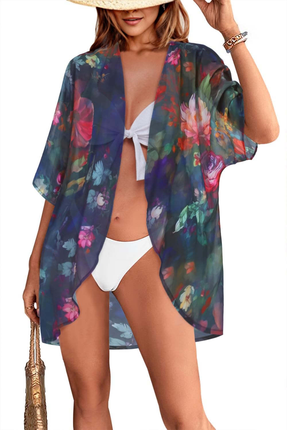 Women's Floral Print Puff Sleeve Kimono Cardigan Loose Cover Up Casual Blouse Tops (Colorful Blue Floral,S)