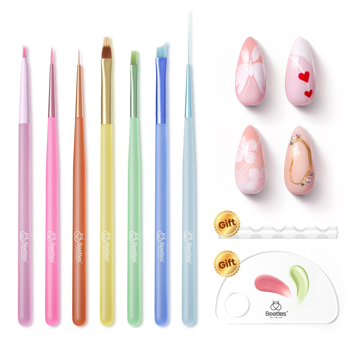 Beetles Nail Art Brushes Set for Gel Polish 7 Pcs - Nail Art Design Pen Painting Brush, Line and Flower DIY with Palette Dotting Tool Nail Manicure Kit