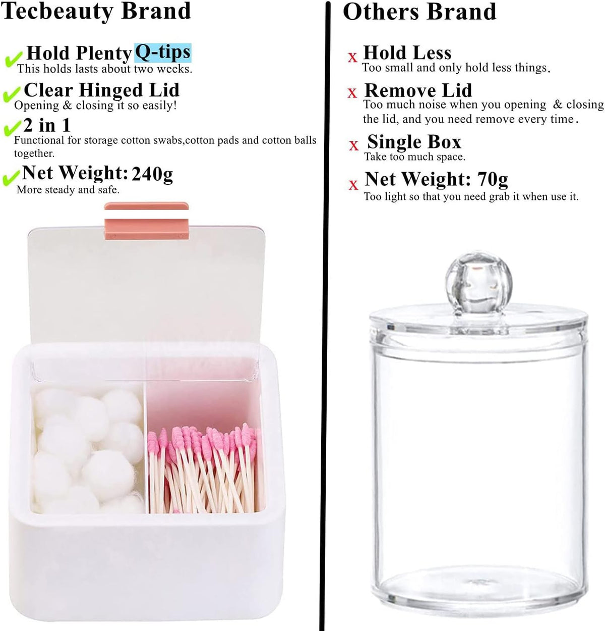 Tecbeauty 2pcs Qtips Holder - Large Cotton Swabs Dispenser, Bathroom Canisters, Storage Container, Hinged Lids, White