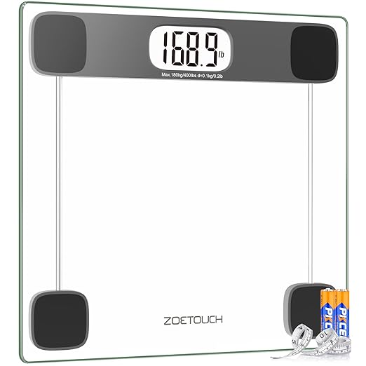 Scale for Body Weight Digital Bathroom Scale Accurate Weighing Machine for People, High Precision Bath Scale, Step On, Tempered Glass LCD Display Batteries and Tape Measure Included, 400lbs
