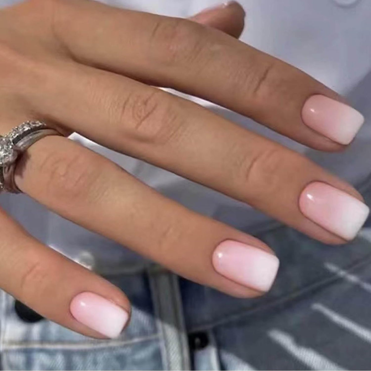 Press on Nails Short Square Acrylic Fake Nails with Apricot Design Full Cover False Nails Glossy Nude Glue on Nails Artificial Stick on Nails for Women 24Pcs (Beige White Pink)