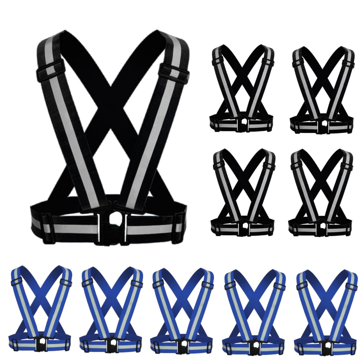 YUNLOVXEE Reflective Strap Safety Vest Gear - 2-10 Pack Adjustable High Visible Reflective Running Gear for Women Men Night (Blackx5+Bluex5)