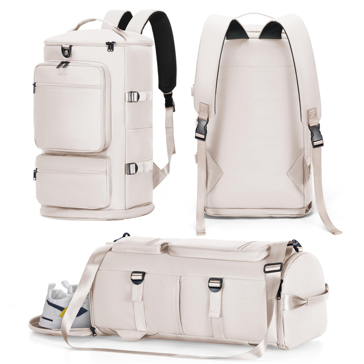 Gym Bag for Women Men - 3 in 1 Duffle Bag and Gym Backpack with Shoes Compartment and Wet Pocket - Sports Bag Carry On Weekender Overnight Backpack for Travel, Beige, MIYCOO