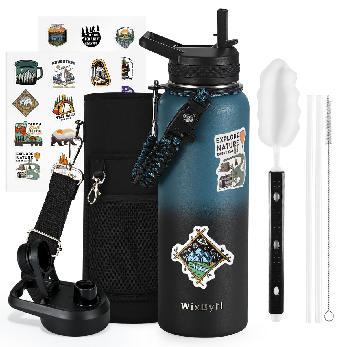 WixByti 40 oz Insulated Water Bottle with Straw (Cold for 48 Hrs), Stainless Steel Triple Wall Vacuum Sports Water Jug, Leakproof Hydro Cup Flask with Paracord Handle & Straw Spout Lids & DIY Stickers