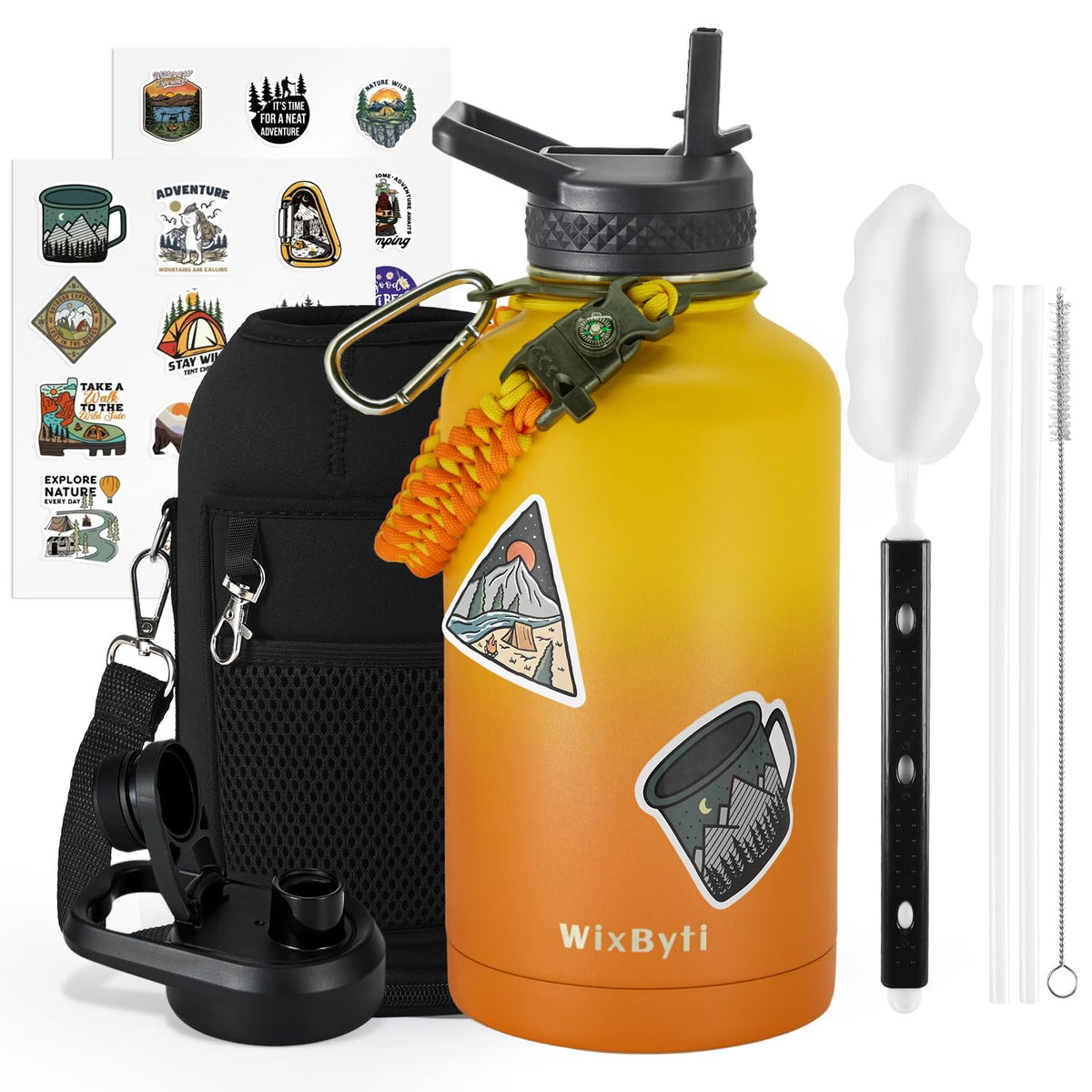 WixByti 64 oz Insulated Water Bottle with Straw (Cold for 48 Hrs), Half Gallon Stainless Steel Triple Wall Vacuum Sports Water Jug, Leakproof Hydro Cup Flask with Straw Spout Lids & DIY Stickers