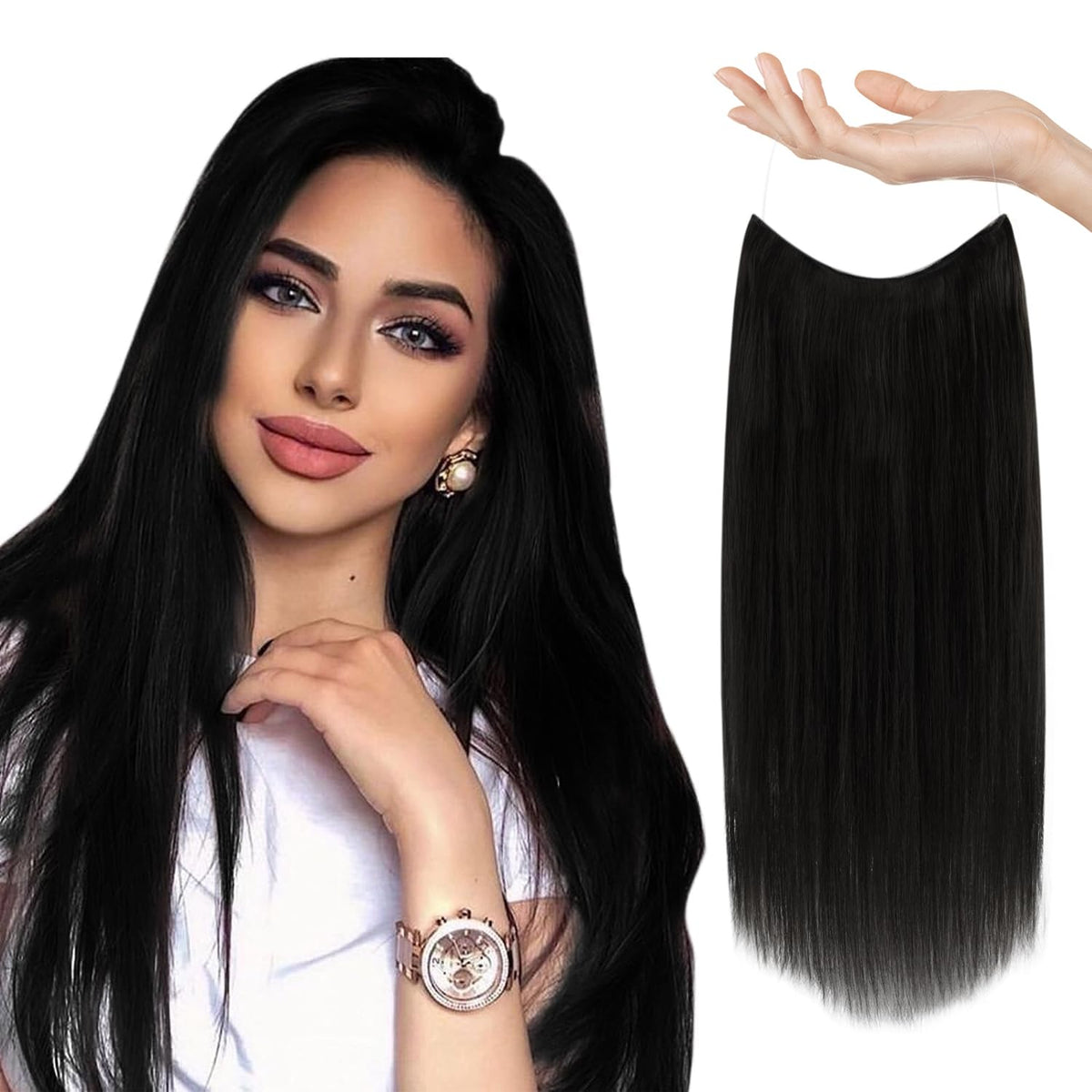 Sunny Wire Hair Extensions Real Human Hair Fish Line Human Hair Extensions Invisible Wire Extensions Jet Black #1 16 Inch
