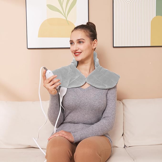 Ambershine 19''x24'' Weighted Neck & Shoulder Heating Pad, 2.5lbs with 12 Temperature Settings& 4 Auto-Off Timers, Pain Relief for Neck/Shoulder/Back, Christmas Gifts for Women Men Mom Dad(Light Gray)