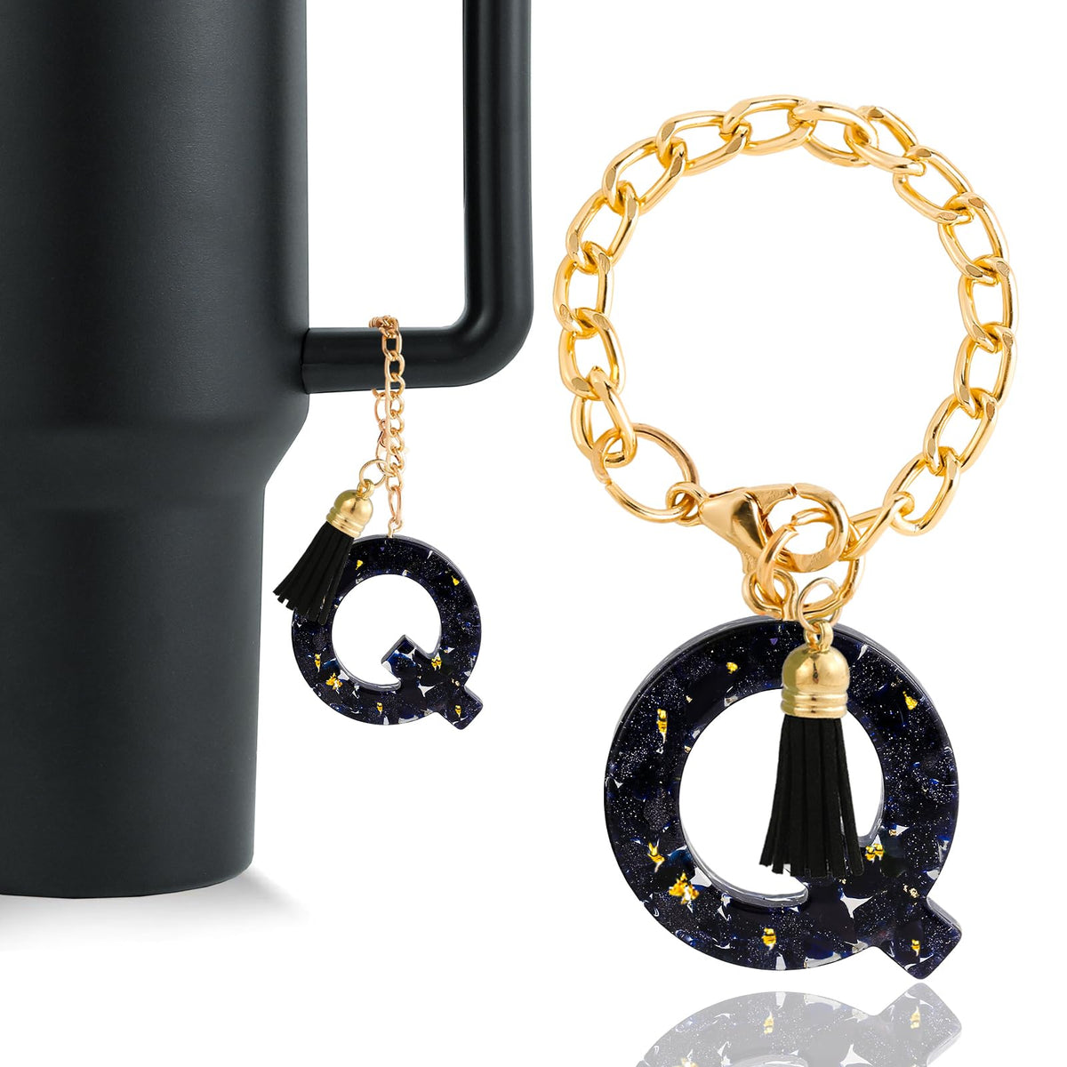 Letter Charm Accessories for Stanley Cup 1 PCS Cute Initial Keychain Handle Charm for Stanley Tumbler for Women Black Letter Q