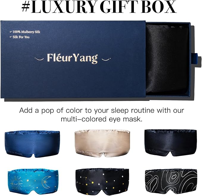 Fleur&Yang Silk Sleep Mask, Adjustable Blackout Sleeping Mask for Men Women, Soft Breathable 100% Mulberry Silk Fabric, Cooling Eye Cover Blindfold for DeepSleep or Meditation(Peaceful Black)