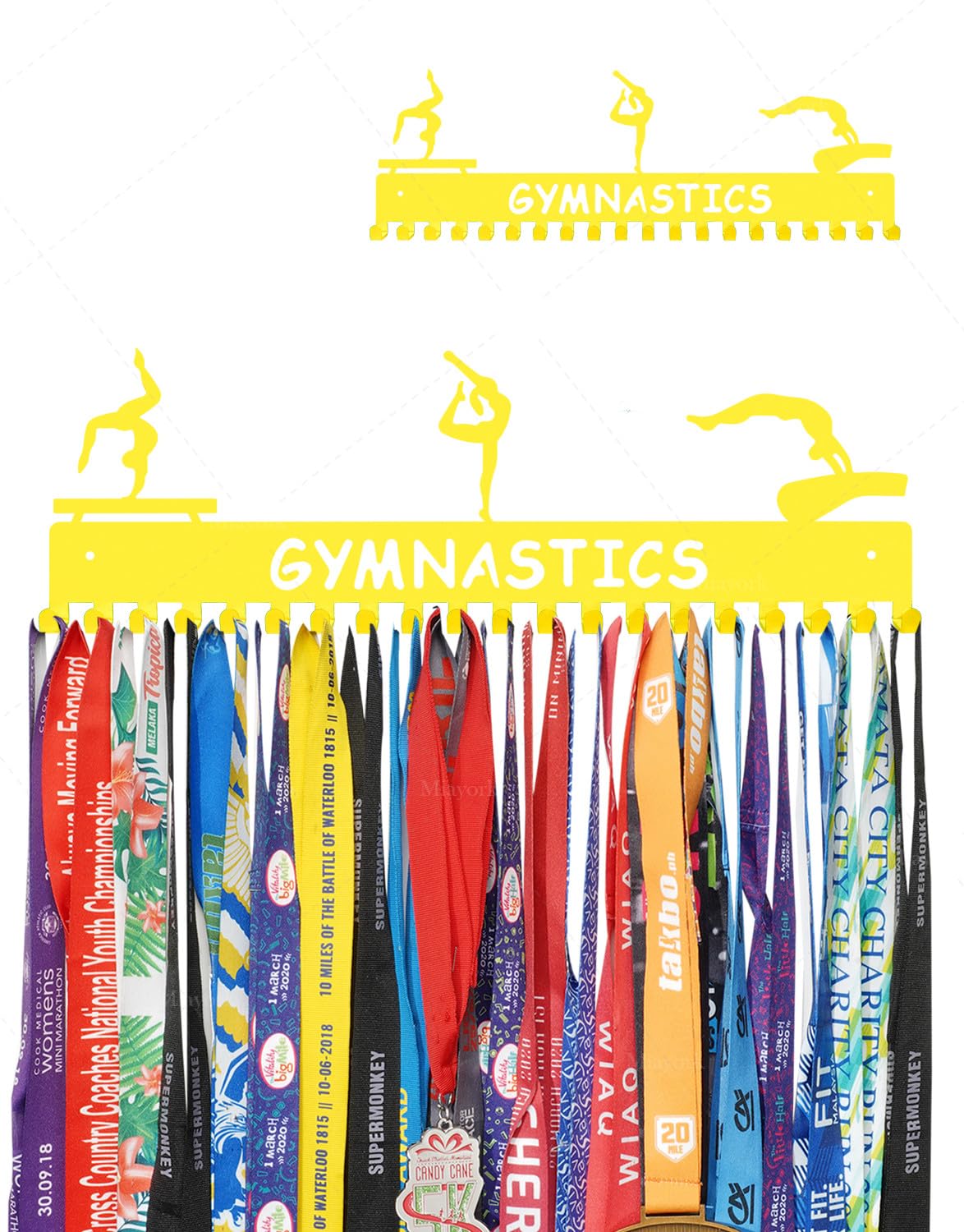 Miayork Yellow Gymnastic Medal Hanger Display Ribbon Hanger Rack for More medals-Easy Installation Easy to Use with 20 hanging hooks-Gymnastics Medal holder for Girls- Medal Hanger Display Upgraded