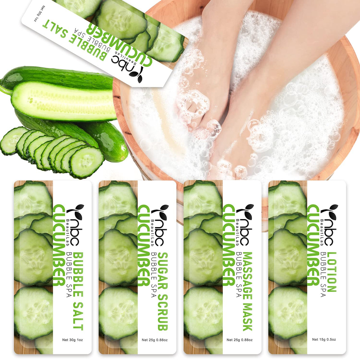 nbc BeautiLab Pedicure Kit Foot Soak Set: Bubble Salt, Sugar Scrub, Massage Mask, Massage Lotion in a Box, 4 Step Foot Spa Kit for Dry Feet,Tired Feet(1 Set Cucumber)