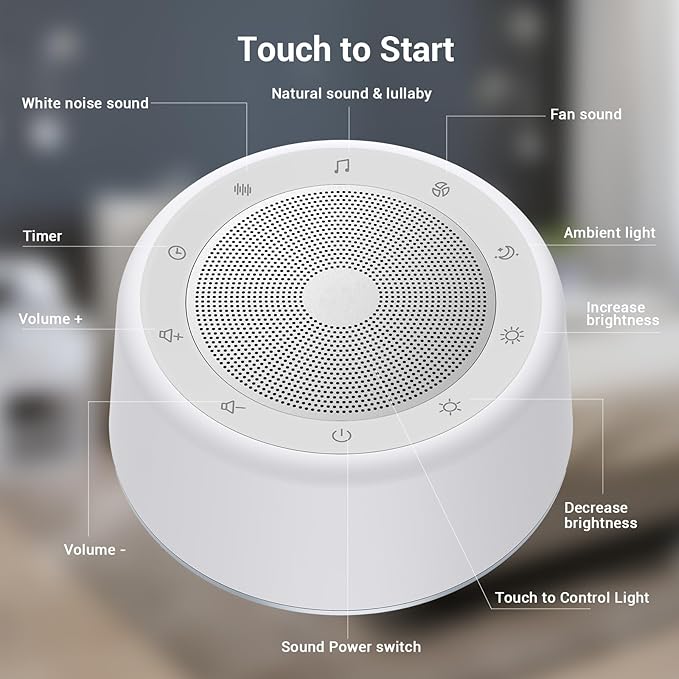 BGOVERSS White Noise Machine with 30 Soothing Sounds and 7 Colors Warm Night Light for Sleeping, 5 Timers Portable Plug in Sound Machine for Baby, Adults, White Color