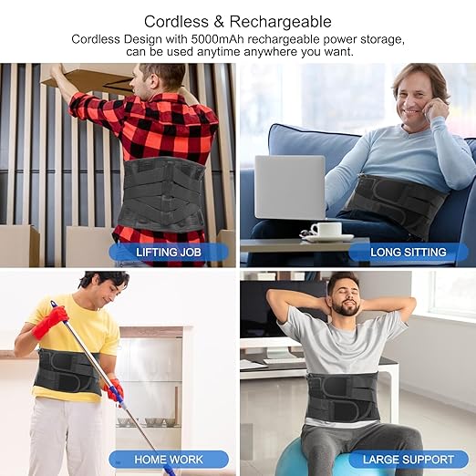 Heated Back Brace with Massage, Rechargeable Heating Pad for Back Pain Relief, Adjustable Back Support Belt with Heat Therapy and Vibration Massager for Men and Women, L
