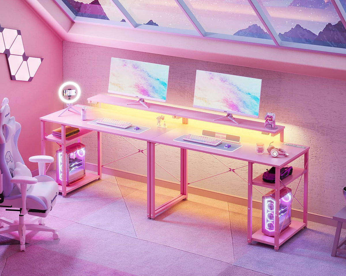 MOTPK Gaming Desk with Led Lights & Power Outlet, 40 Inch Small Gaming Computer Desk with Shelves, Reversible Gamer Desk with Adjustable Monitor Stand & Headphone Hook, Carbon Fiber Texture Pink