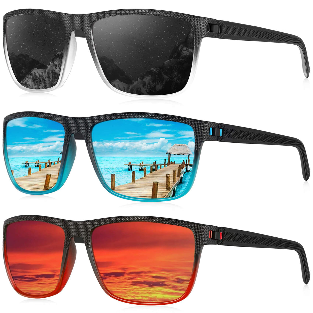 KALIYADI Polarized Sunglasses Men, Lightweight Mens Sunglasses Polarized UV Protection Driving Fishing Golf (Black Clear/Black Blue/Black Red)
