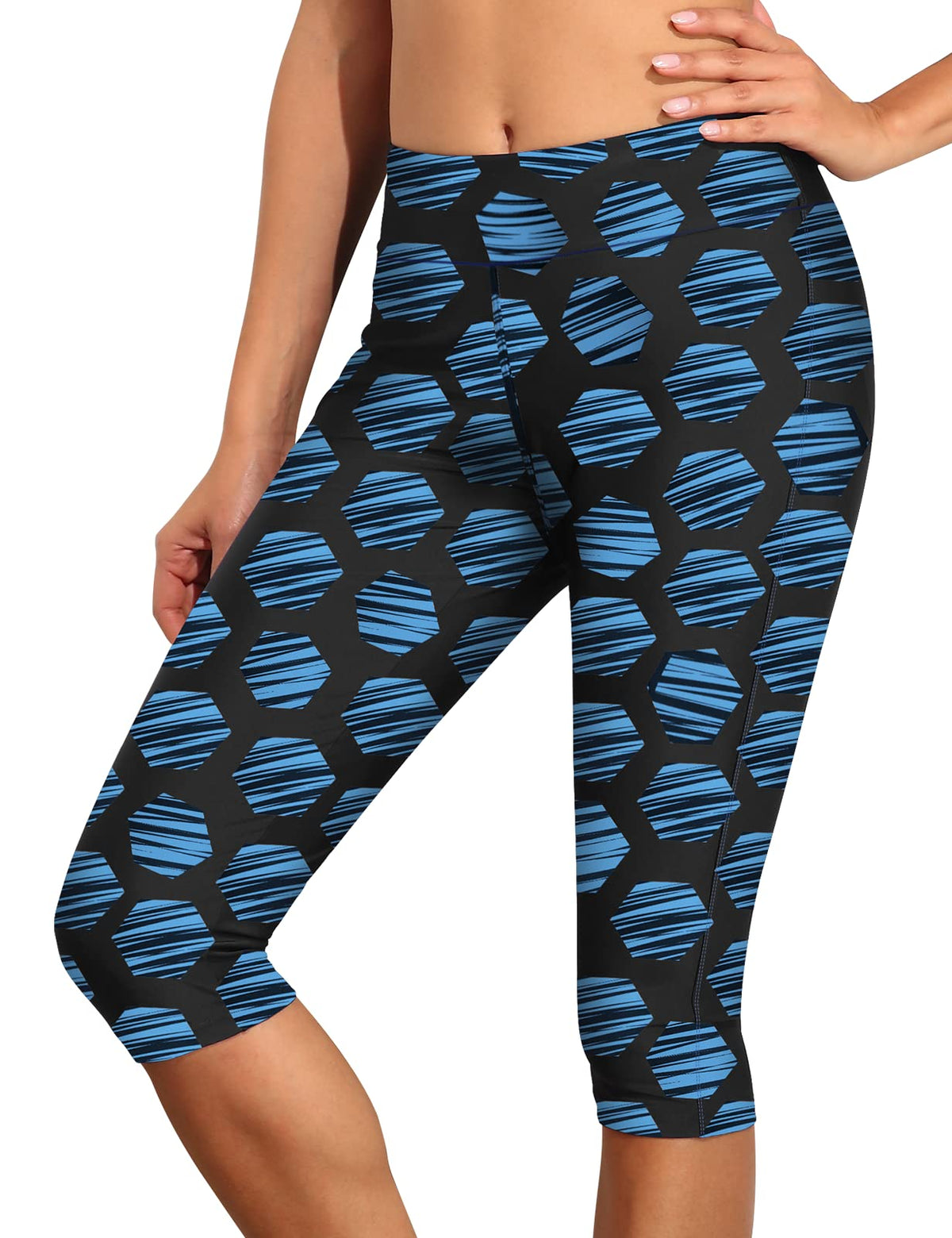 Septangle Women High Waist Plus Size Leggings Swim Capri Sport Workout Swim Pants Bottoms,Black&Blue Cricle,US20