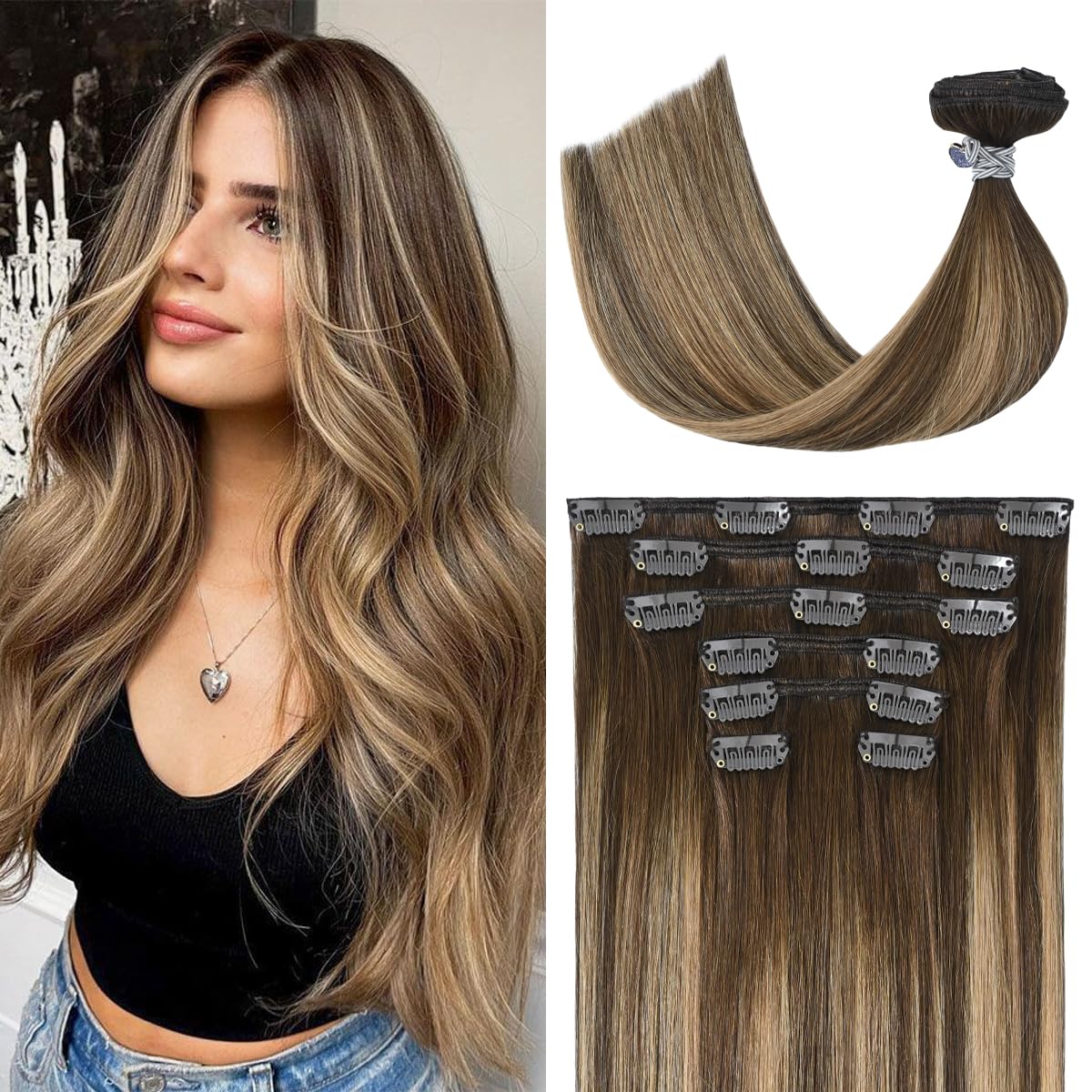 UGOTRAYS Balayage Hair Extensions Real Human Hair, Ombre Medium Brown Fading to Caramel Blonde 12 inches 70g Highlights 100% Human Hair Natural Straight Woman Beauty Clip ins #4/27/4