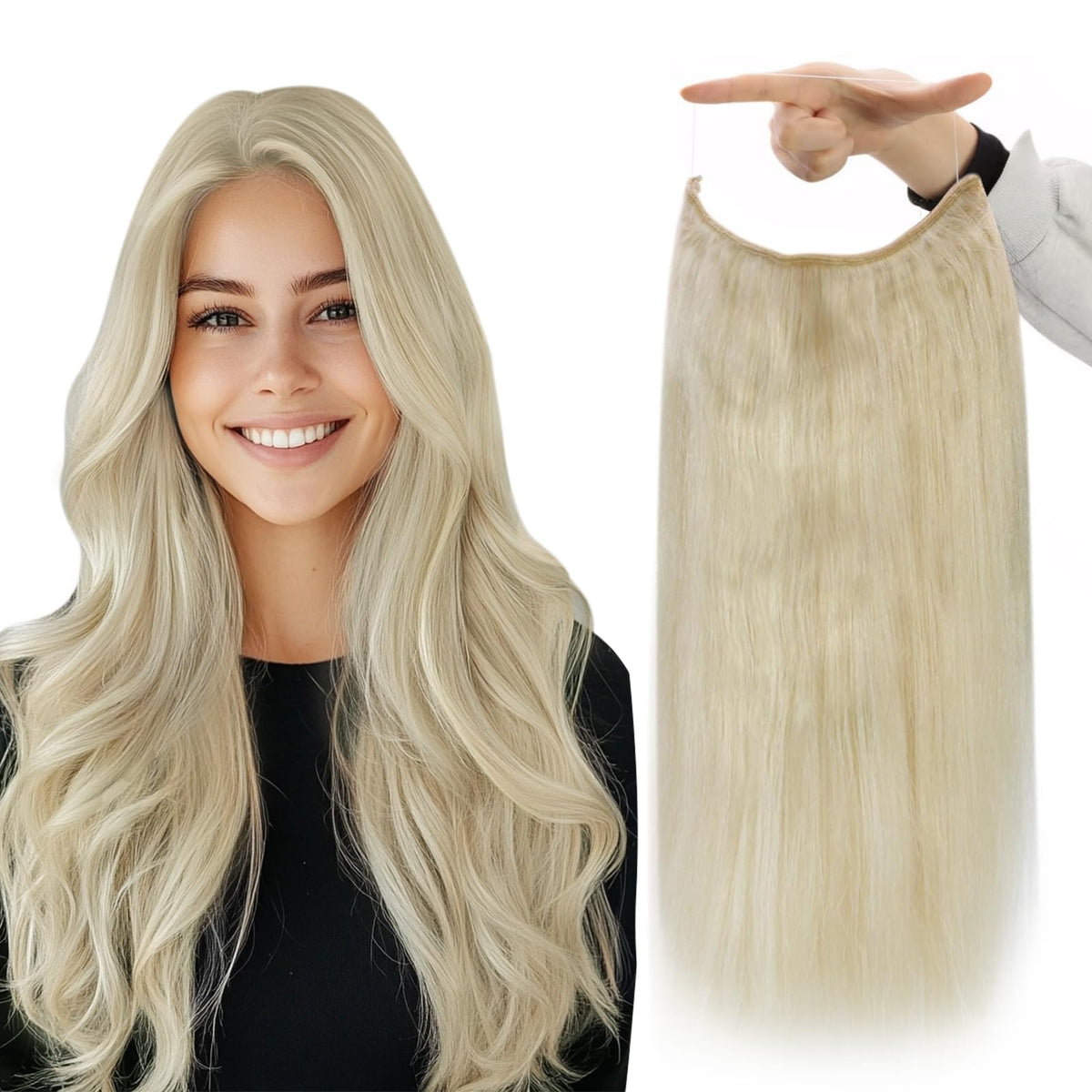 Fshine Wire Hair Extensions Real Human Hair Platinum Blonde Color 60 Transparent Fishing Line Natural Hair Extensions One Piece Clip in Hair Extensions Real Human Hair 10 Inch 50G