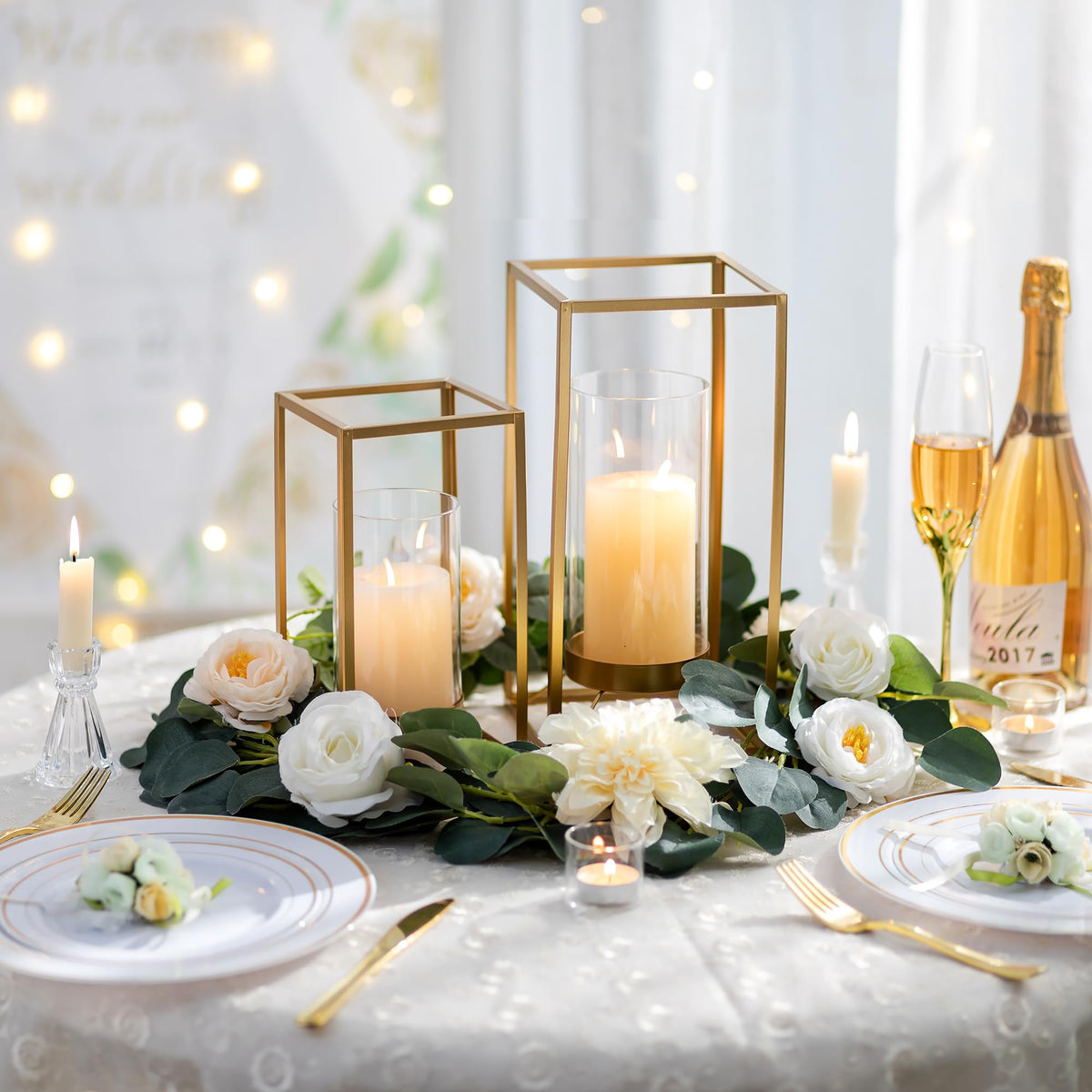 Staymoment Gold Metal Lantern Decorative Set of 2 with Hurricane Glass: Indoor Modern Farmhouse Candle Holder for Table Centerpiece Fireplace Mantles Shelf, 12" & 9"