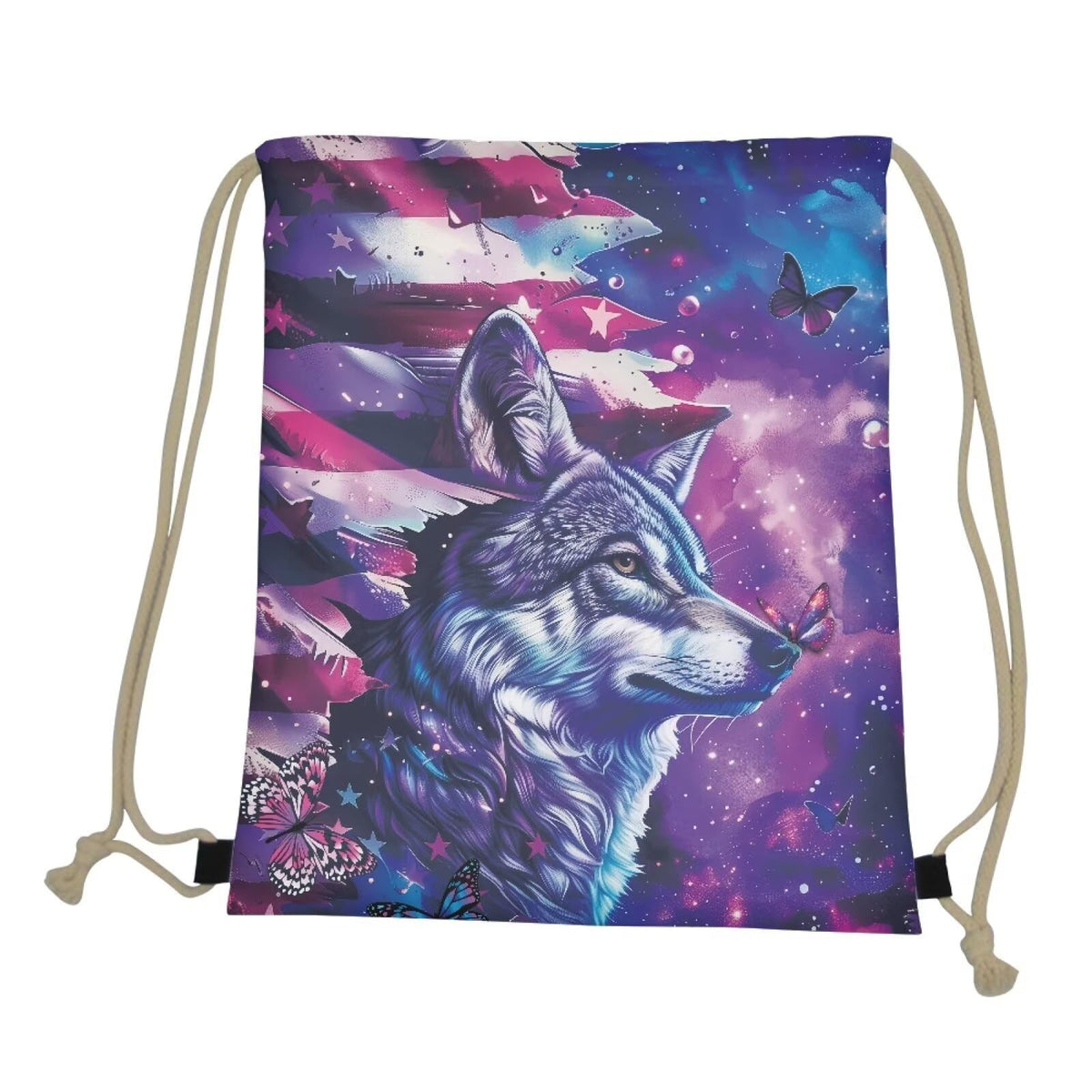 COEQINE Wolf Drawstring Backpack for 10 Year Old Girls Large Capacity Gym Bag Portable Foldable Bookbag Drawstring Bag,American Flag Themes Butterfly Pattern