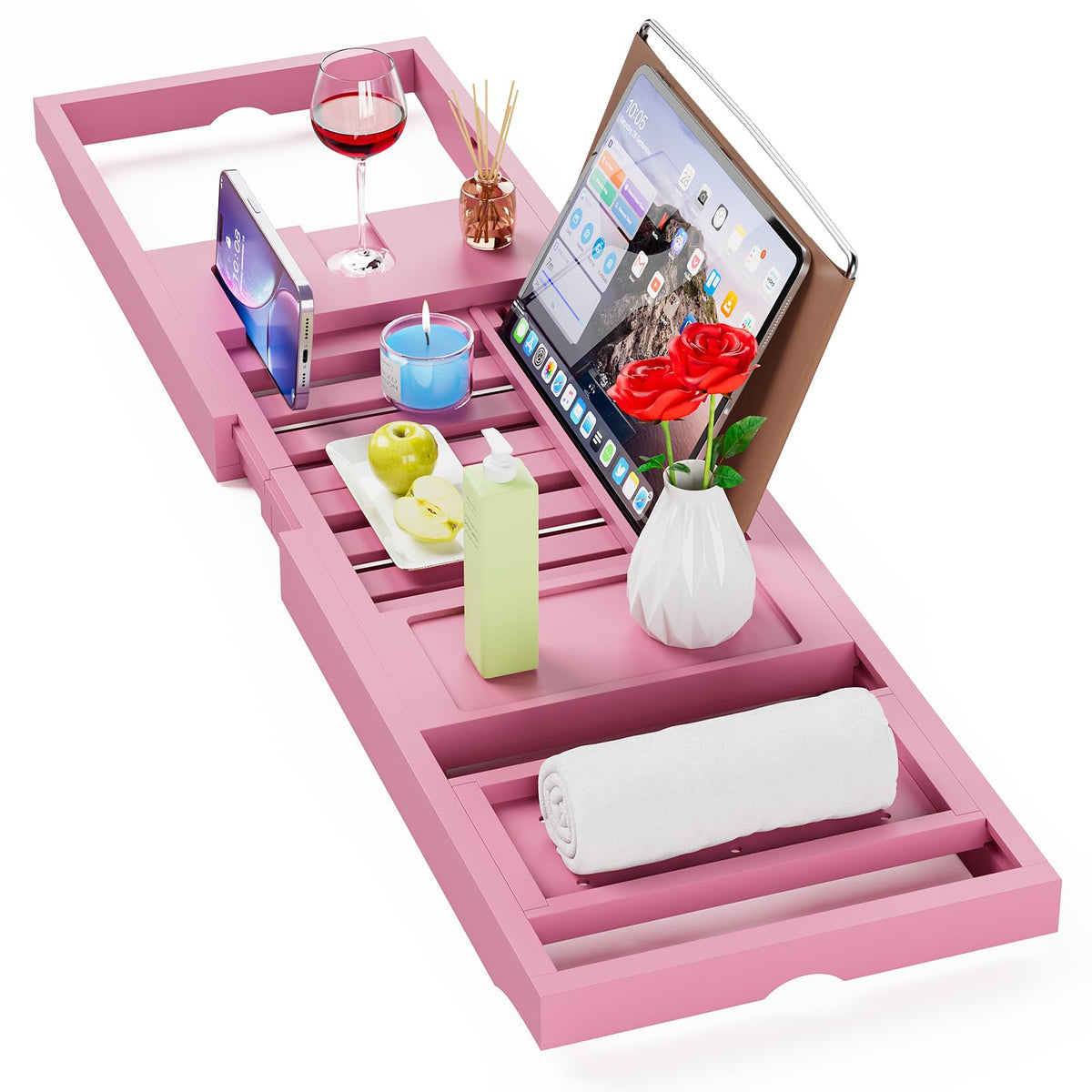 Yirilan Foldable Bathtub Caddy, Expandable Bath Caddy Tray, Unique House Warming Gifts, New Home, Anniversary and Wedding Gifts for Couple, Pink