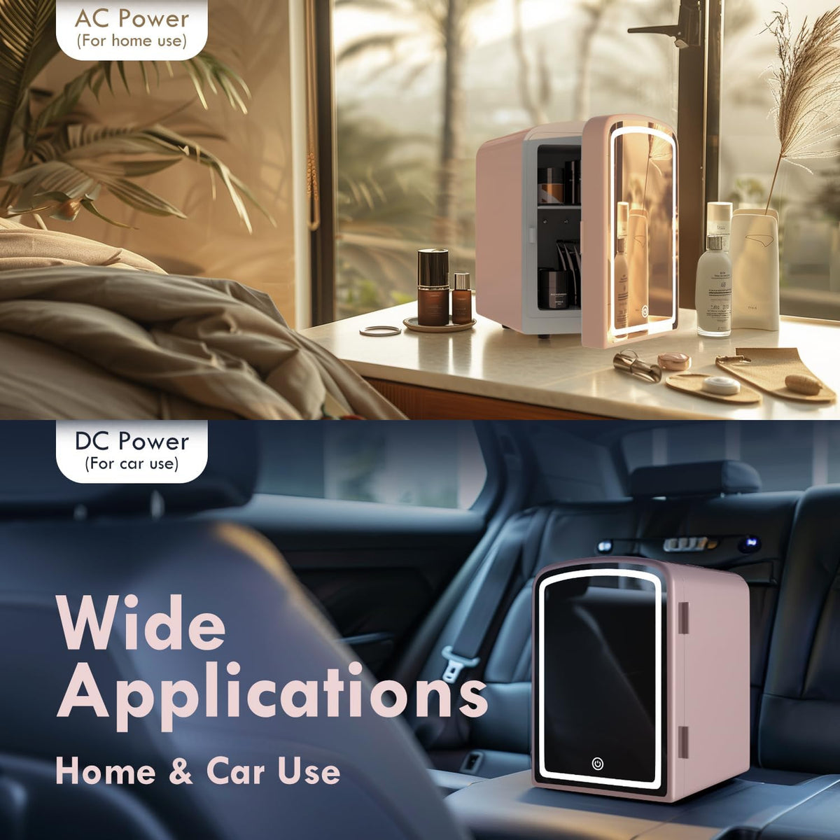 Mini Fridge for Skin Care, 4 Liter Portable Small Fridge with Dimmable LED Mirror, Hot or Cold Personal Beauty Refrigerator for Bedroom, Office, Car, Makeup(Pink)