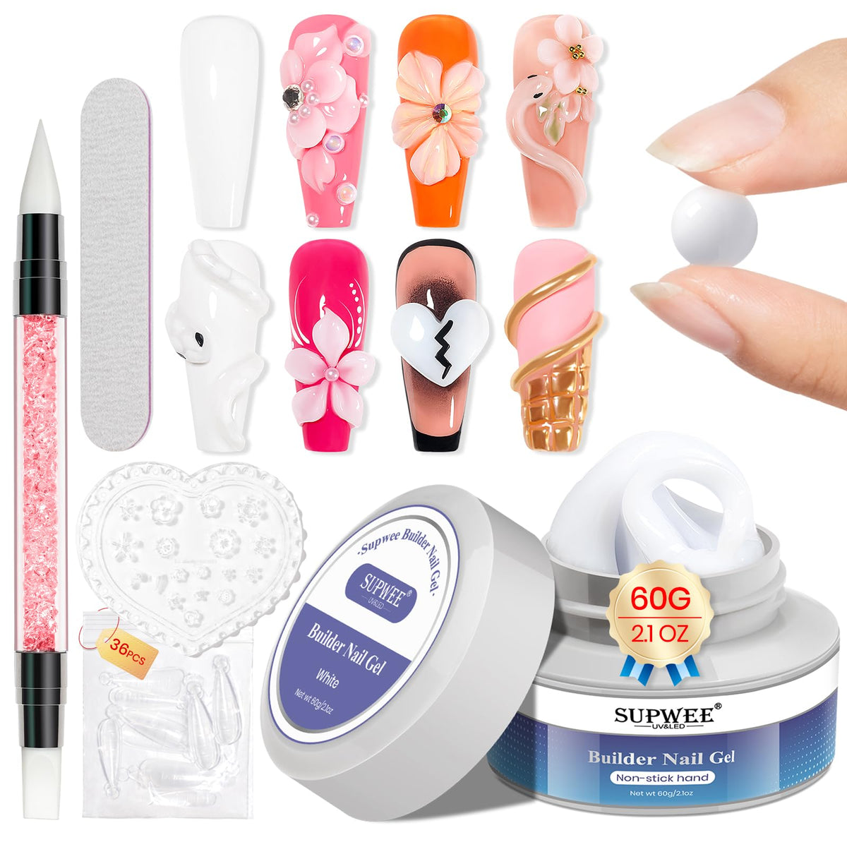 SUPWEE Solid Builder Gel for Nails, White 60g/2.1oz, 3D Sculpting Gel for Nail Art, No Stick Hand Hard Gel for Nail Extension, Nail Carving, 5D Patterns, Embossing Nail Decoration Soak Off UV LED