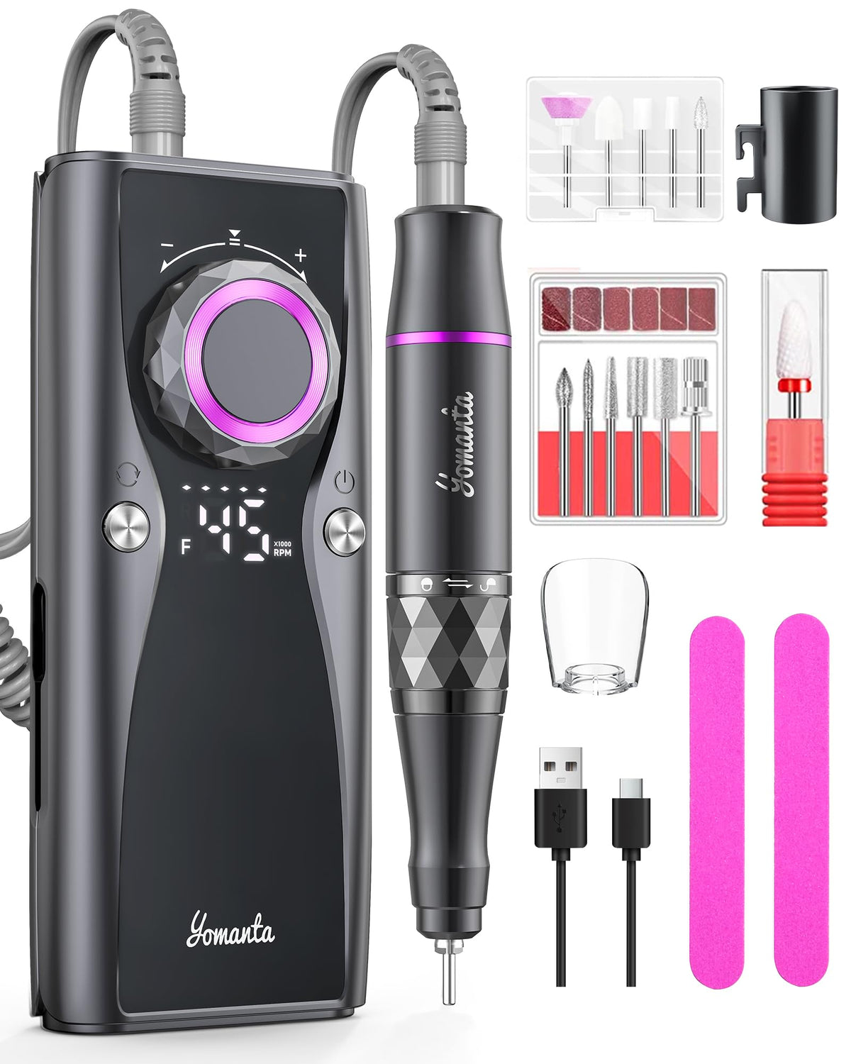Yomanta Electric Nail Drill Professional Kit: 45,000 RPM USB Rechargeable Efile Nail Drill Nail File with 12 Bits for Polishing Gel/Acrylic Nails- Portable Manicure Tool Set for Salon/Home-Black